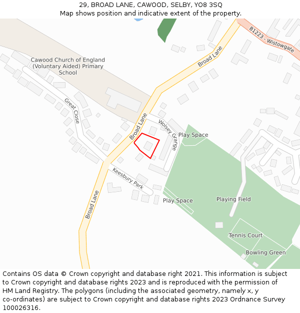 29, BROAD LANE, CAWOOD, SELBY, YO8 3SQ: Location map and indicative extent of plot