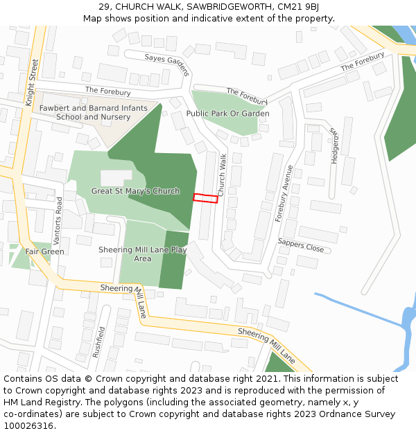 29, CHURCH WALK, SAWBRIDGEWORTH, CM21 9BJ: Location map and indicative extent of plot