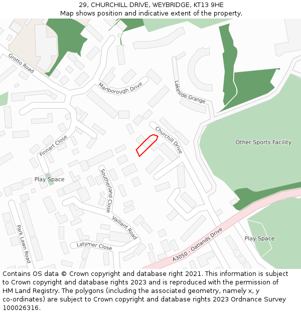 29, CHURCHILL DRIVE, WEYBRIDGE, KT13 9HE: Location map and indicative extent of plot