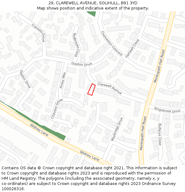 29, CLAREWELL AVENUE, SOLIHULL, B91 3YD: Location map and indicative extent of plot