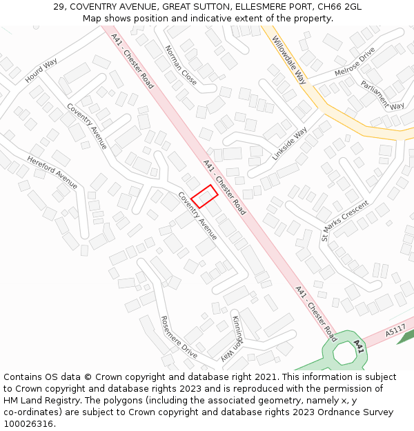 29, COVENTRY AVENUE, GREAT SUTTON, ELLESMERE PORT, CH66 2GL: Location map and indicative extent of plot