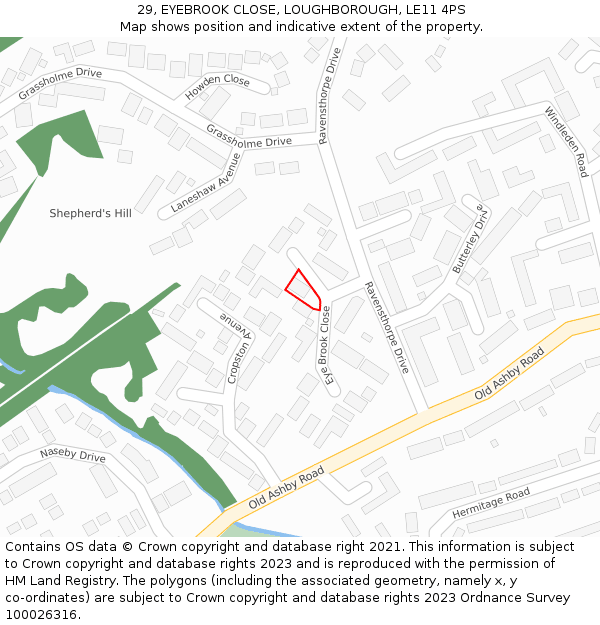 29, EYEBROOK CLOSE, LOUGHBOROUGH, LE11 4PS: Location map and indicative extent of plot