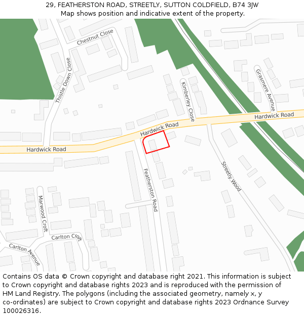 29, FEATHERSTON ROAD, STREETLY, SUTTON COLDFIELD, B74 3JW: Location map and indicative extent of plot