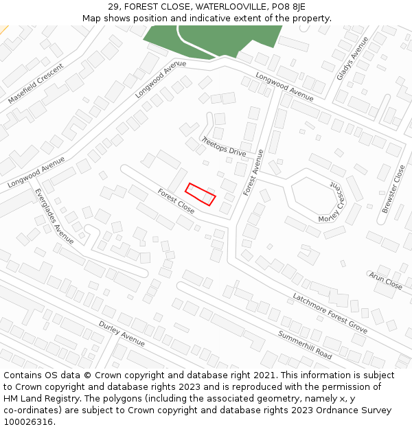 29, FOREST CLOSE, WATERLOOVILLE, PO8 8JE: Location map and indicative extent of plot