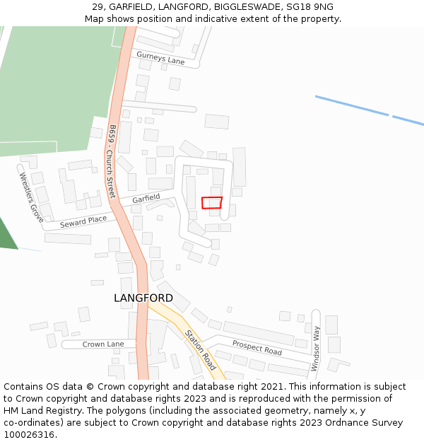 29, GARFIELD, LANGFORD, BIGGLESWADE, SG18 9NG: Location map and indicative extent of plot