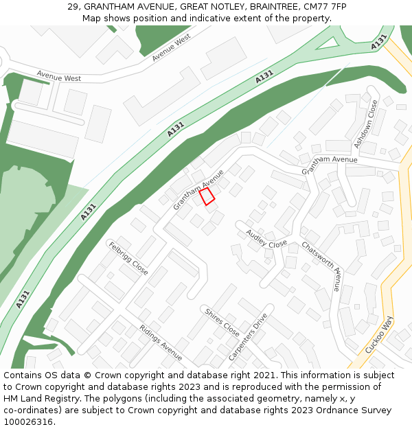 29, GRANTHAM AVENUE, GREAT NOTLEY, BRAINTREE, CM77 7FP: Location map and indicative extent of plot