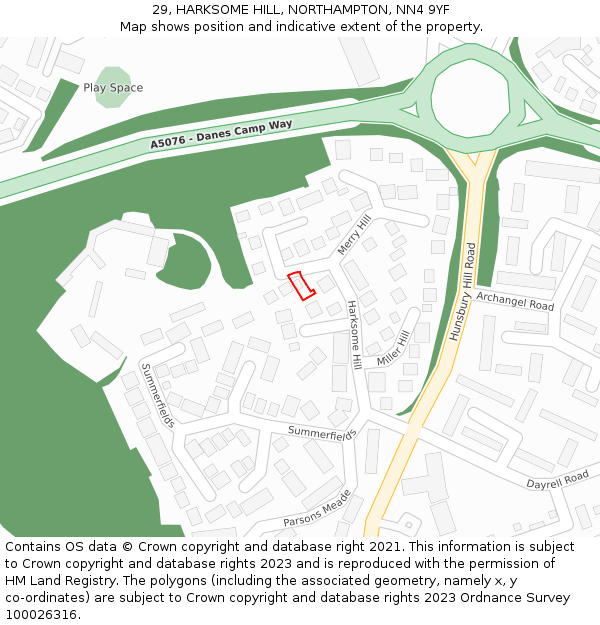 29, HARKSOME HILL, NORTHAMPTON, NN4 9YF: Location map and indicative extent of plot