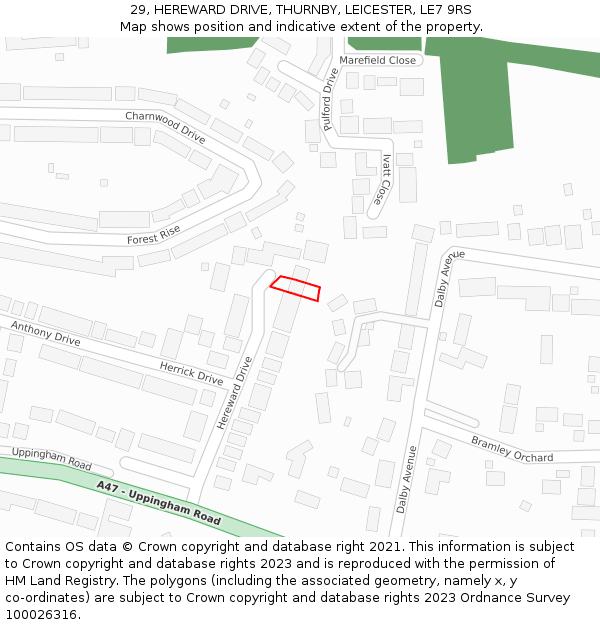 29, HEREWARD DRIVE, THURNBY, LEICESTER, LE7 9RS: Location map and indicative extent of plot