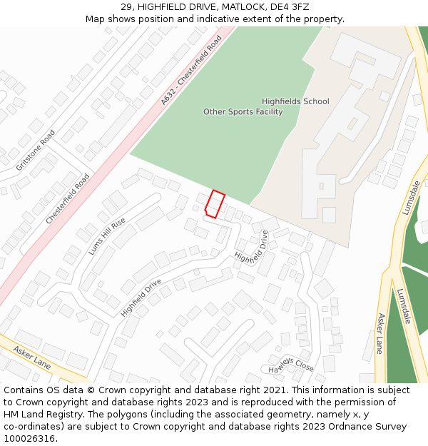 29, HIGHFIELD DRIVE, MATLOCK, DE4 3FZ: Location map and indicative extent of plot