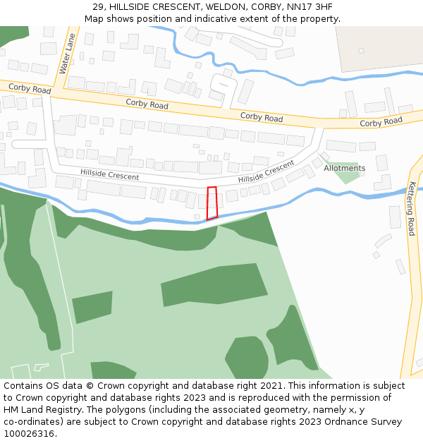 29, HILLSIDE CRESCENT, WELDON, CORBY, NN17 3HF: Location map and indicative extent of plot