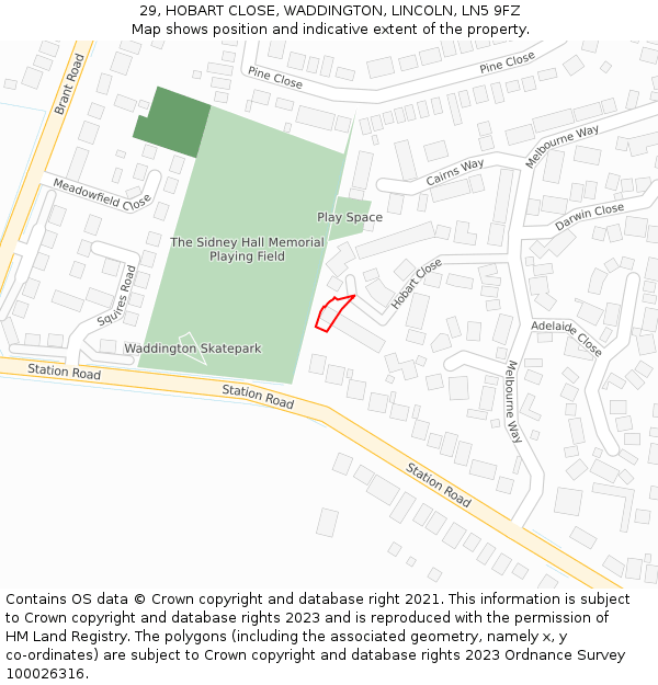 29, HOBART CLOSE, WADDINGTON, LINCOLN, LN5 9FZ: Location map and indicative extent of plot