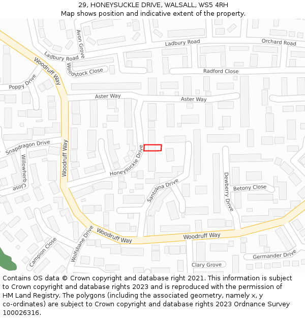 29, HONEYSUCKLE DRIVE, WALSALL, WS5 4RH: Location map and indicative extent of plot