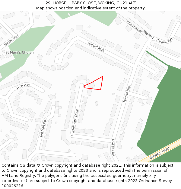 29, HORSELL PARK CLOSE, WOKING, GU21 4LZ: Location map and indicative extent of plot