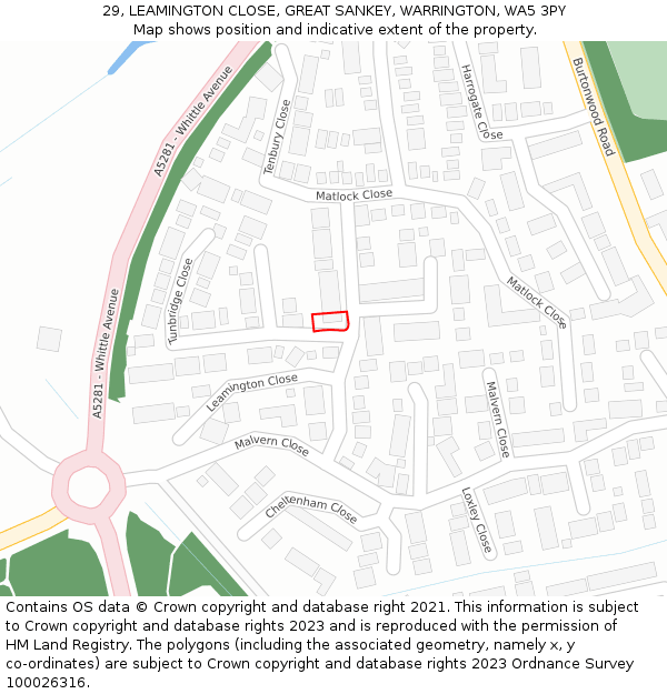 29, LEAMINGTON CLOSE, GREAT SANKEY, WARRINGTON, WA5 3PY: Location map and indicative extent of plot