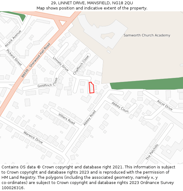 29, LINNET DRIVE, MANSFIELD, NG18 2QU: Location map and indicative extent of plot