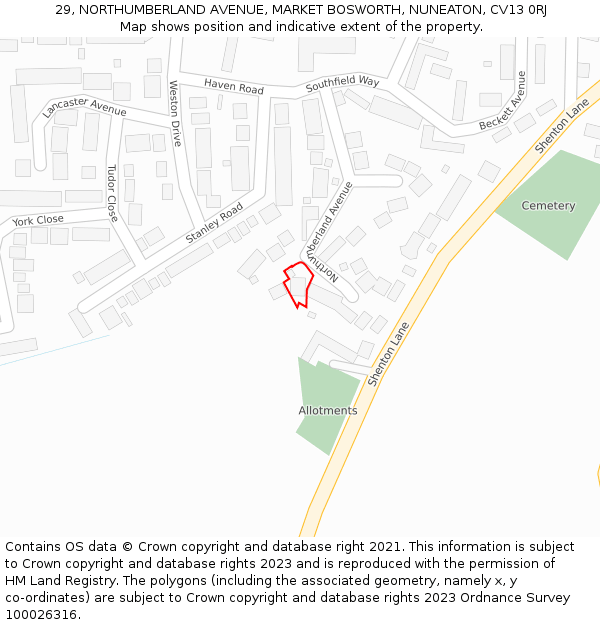 29, NORTHUMBERLAND AVENUE, MARKET BOSWORTH, NUNEATON, CV13 0RJ: Location map and indicative extent of plot