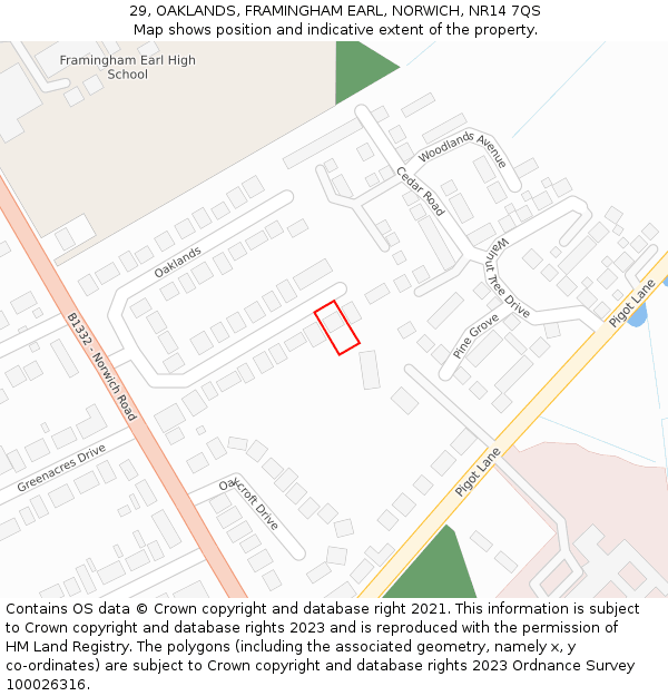 29, OAKLANDS, FRAMINGHAM EARL, NORWICH, NR14 7QS: Location map and indicative extent of plot