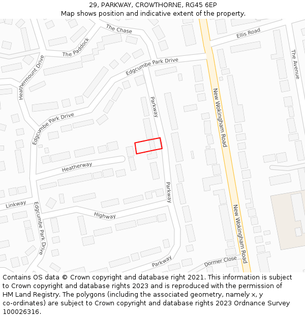 29, PARKWAY, CROWTHORNE, RG45 6EP: Location map and indicative extent of plot