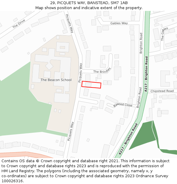 29, PICQUETS WAY, BANSTEAD, SM7 1AB: Location map and indicative extent of plot