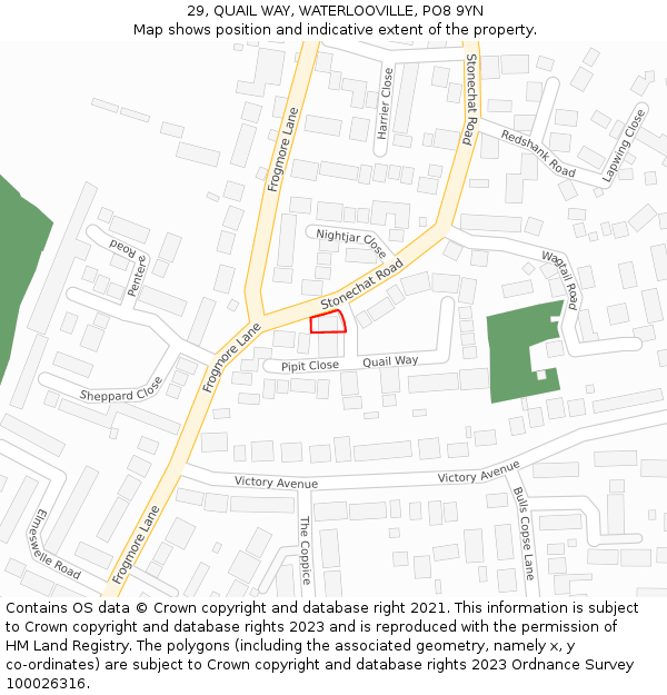 29, QUAIL WAY, WATERLOOVILLE, PO8 9YN: Location map and indicative extent of plot