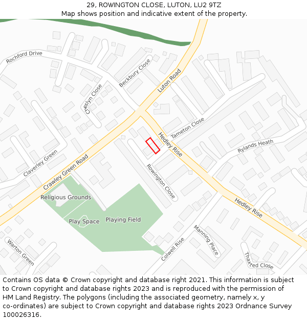 29, ROWINGTON CLOSE, LUTON, LU2 9TZ: Location map and indicative extent of plot