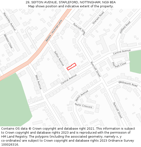 29, SEFTON AVENUE, STAPLEFORD, NOTTINGHAM, NG9 8EA: Location map and indicative extent of plot