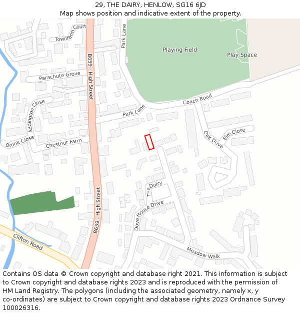 29, THE DAIRY, HENLOW, SG16 6JD: Location map and indicative extent of plot