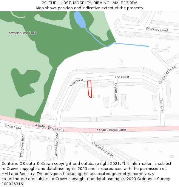 29, THE HURST, MOSELEY, BIRMINGHAM, B13 0DA: Location map and indicative extent of plot