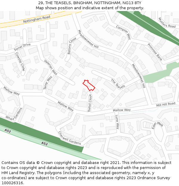 29, THE TEASELS, BINGHAM, NOTTINGHAM, NG13 8TY: Location map and indicative extent of plot