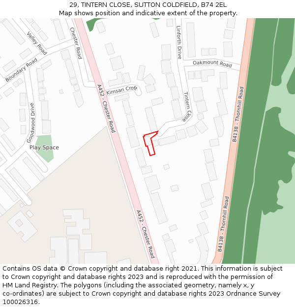 29, TINTERN CLOSE, SUTTON COLDFIELD, B74 2EL: Location map and indicative extent of plot