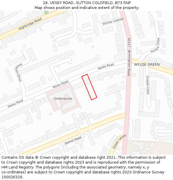 29, VESEY ROAD, SUTTON COLDFIELD, B73 5NP: Location map and indicative extent of plot