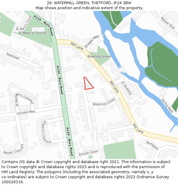 29, WATERMILL GREEN, THETFORD, IP24 3BW: Location map and indicative extent of plot