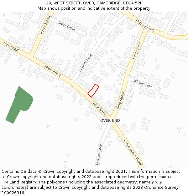 29, WEST STREET, OVER, CAMBRIDGE, CB24 5PL: Location map and indicative extent of plot