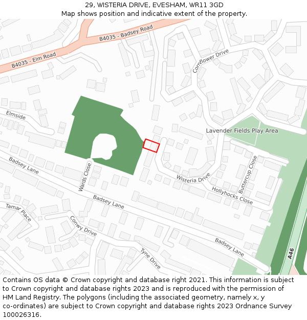 29, WISTERIA DRIVE, EVESHAM, WR11 3GD: Location map and indicative extent of plot