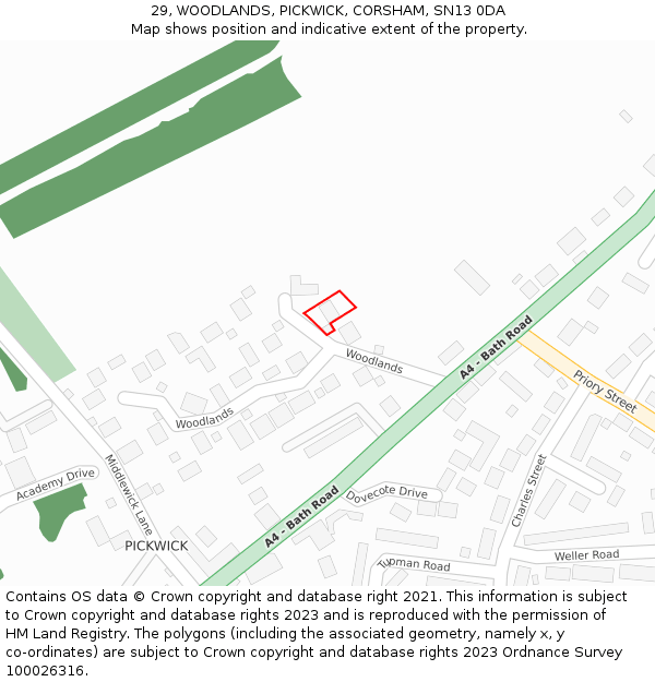 29, WOODLANDS, PICKWICK, CORSHAM, SN13 0DA: Location map and indicative extent of plot