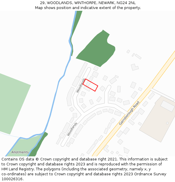 29, WOODLANDS, WINTHORPE, NEWARK, NG24 2NL: Location map and indicative extent of plot