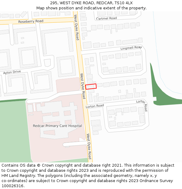 295, WEST DYKE ROAD, REDCAR, TS10 4LX: Location map and indicative extent of plot