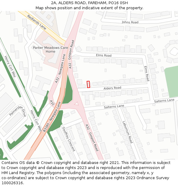 2A, ALDERS ROAD, FAREHAM, PO16 0SH: Location map and indicative extent of plot