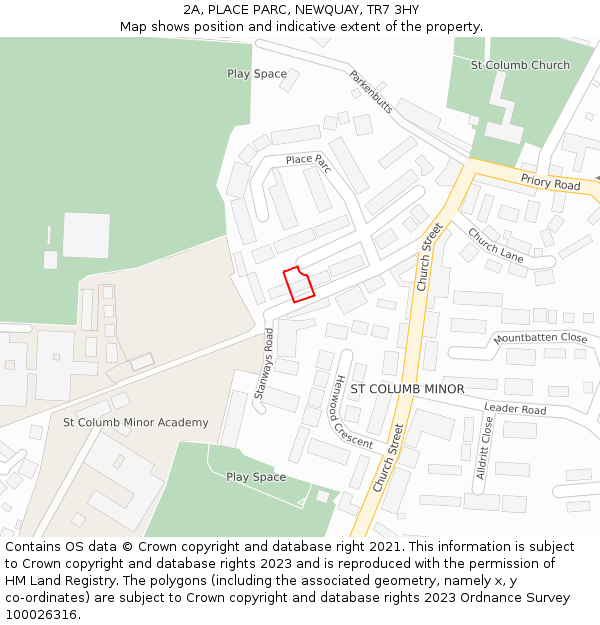 2A, PLACE PARC, NEWQUAY, TR7 3HY: Location map and indicative extent of plot