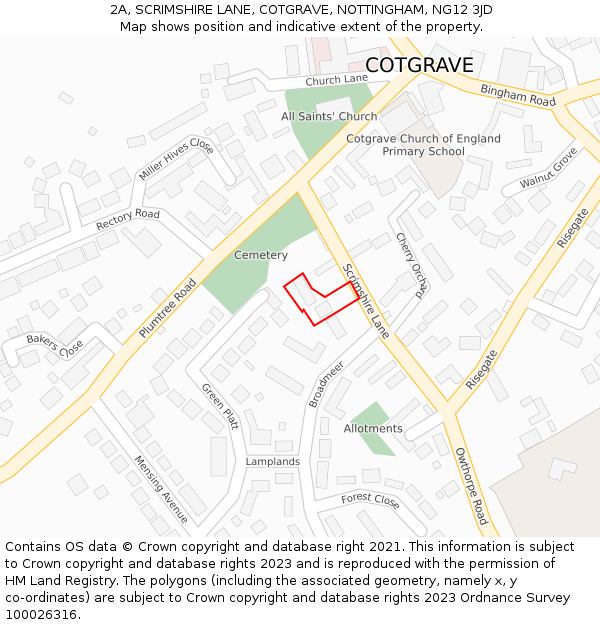 2A, SCRIMSHIRE LANE, COTGRAVE, NOTTINGHAM, NG12 3JD: Location map and indicative extent of plot