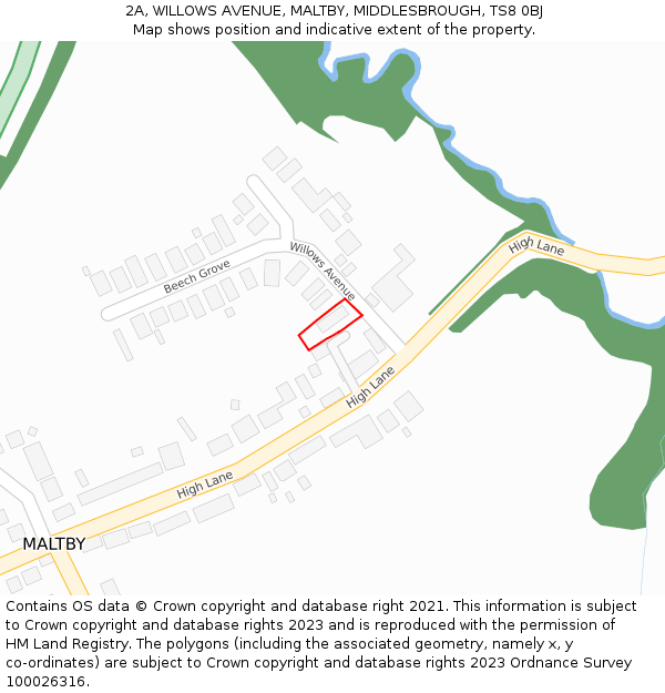 2A, WILLOWS AVENUE, MALTBY, MIDDLESBROUGH, TS8 0BJ: Location map and indicative extent of plot