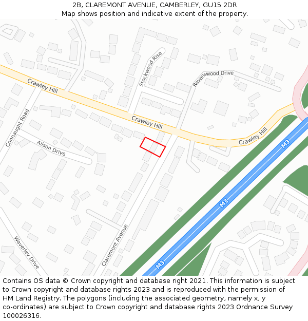 2B, CLAREMONT AVENUE, CAMBERLEY, GU15 2DR: Location map and indicative extent of plot