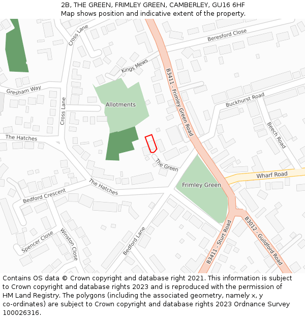 2B, THE GREEN, FRIMLEY GREEN, CAMBERLEY, GU16 6HF: Location map and indicative extent of plot