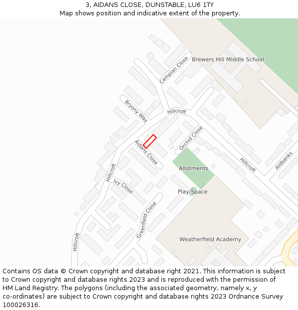 3, AIDANS CLOSE, DUNSTABLE, LU6 1TY: Location map and indicative extent of plot