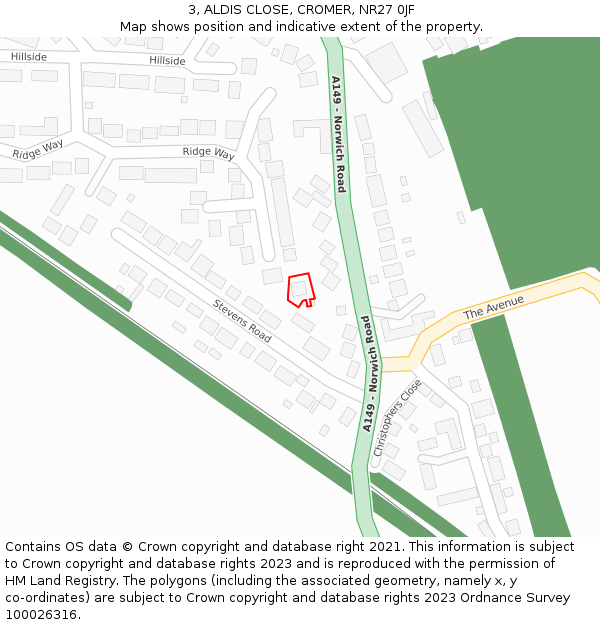 3, ALDIS CLOSE, CROMER, NR27 0JF: Location map and indicative extent of plot