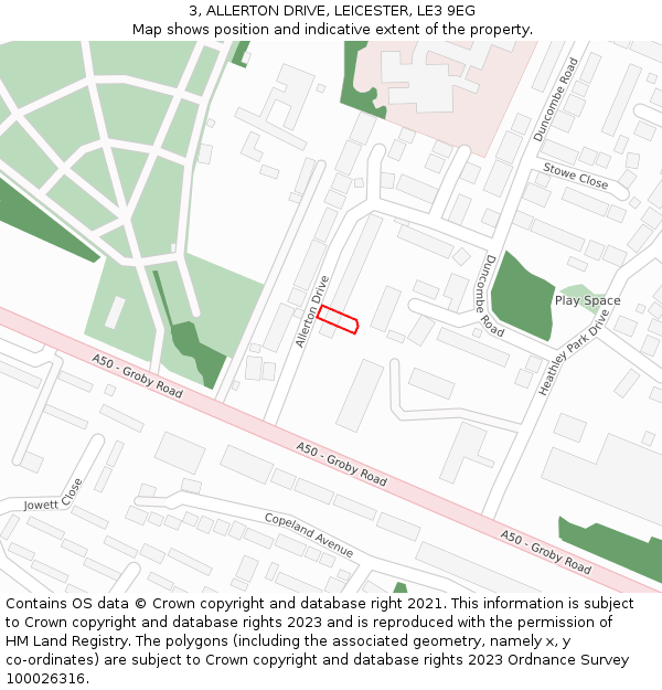 3, ALLERTON DRIVE, LEICESTER, LE3 9EG: Location map and indicative extent of plot