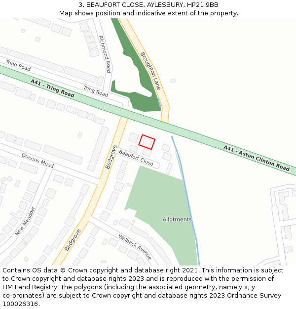 3, BEAUFORT CLOSE, AYLESBURY, HP21 9BB: Location map and indicative extent of plot