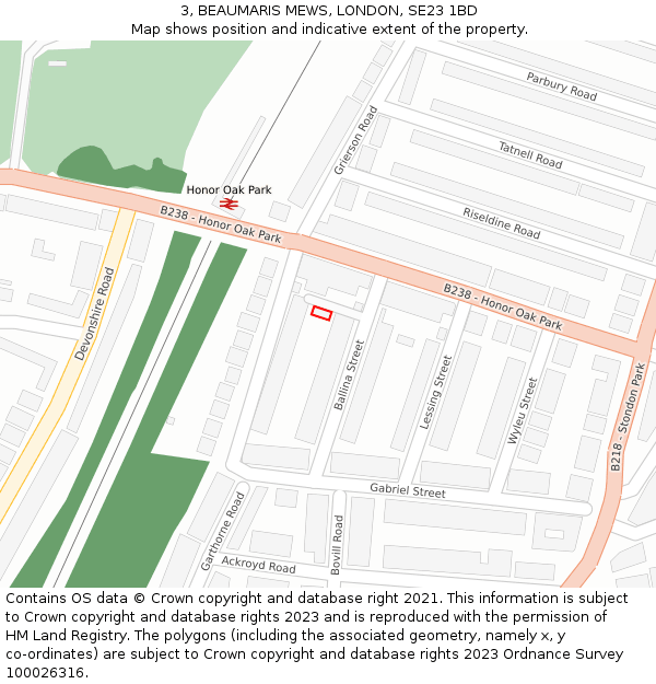 3, BEAUMARIS MEWS, LONDON, SE23 1BD: Location map and indicative extent of plot