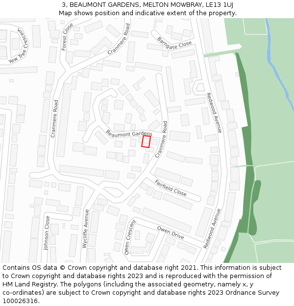 3, BEAUMONT GARDENS, MELTON MOWBRAY, LE13 1UJ: Location map and indicative extent of plot