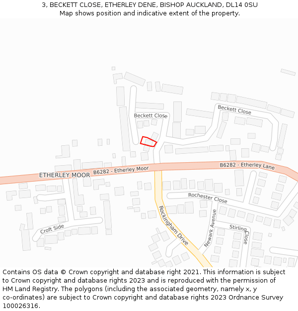 3, BECKETT CLOSE, ETHERLEY DENE, BISHOP AUCKLAND, DL14 0SU: Location map and indicative extent of plot